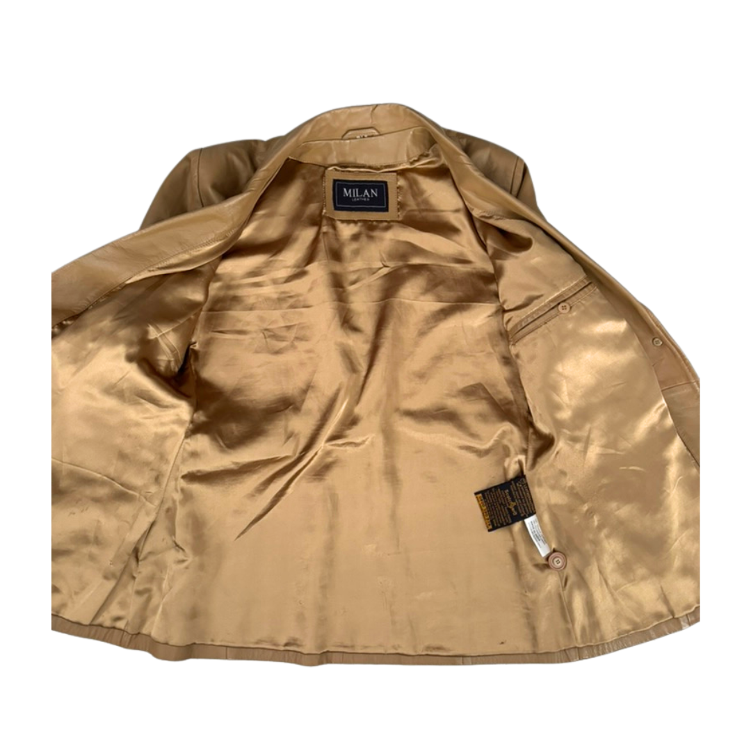 Beige jacket with a visible brand label on a white background