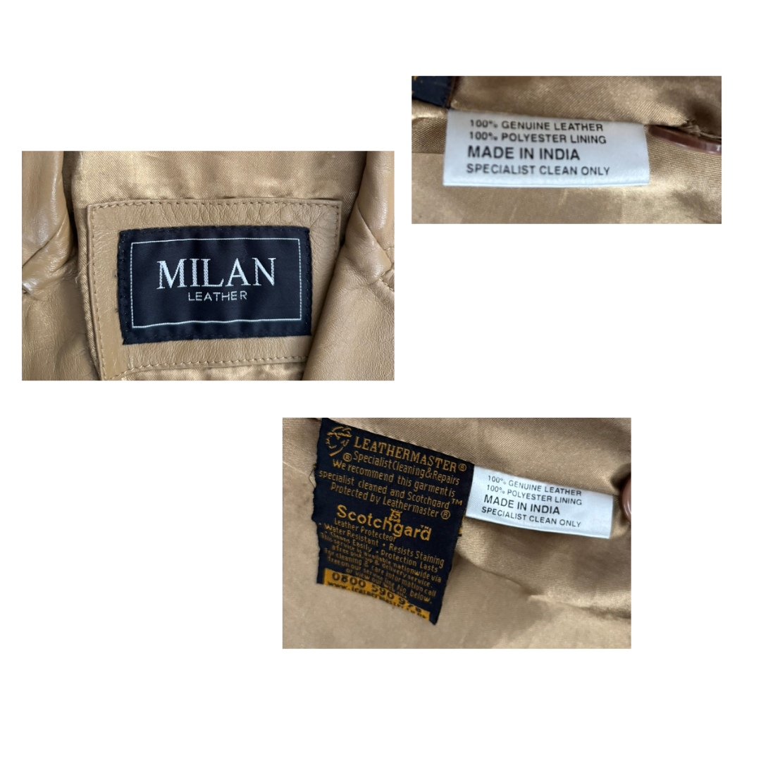 Close-up of Milan Leather labels on a beige leather jacket.