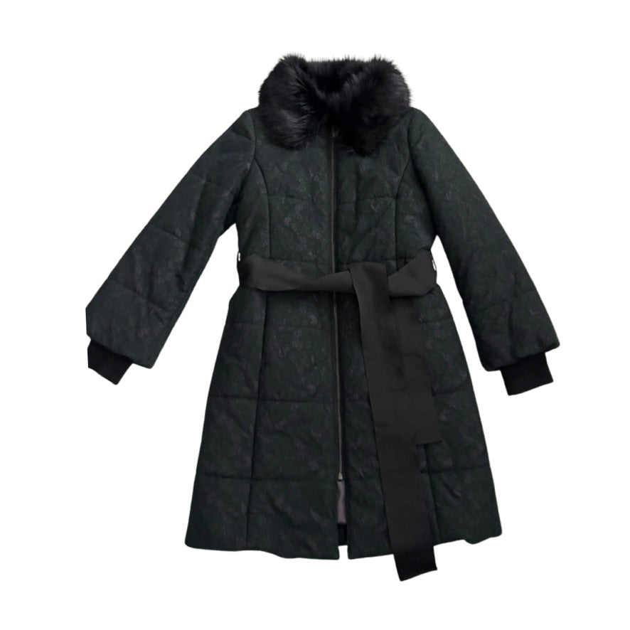 Black coat with fur collar on a white background