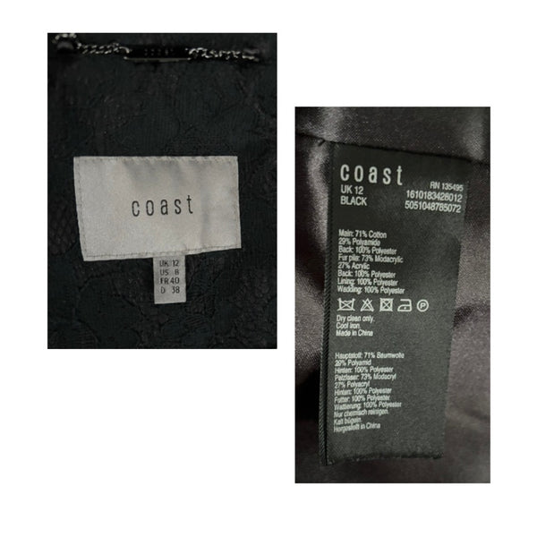 Clothing label with 'coast' brand name and size information on a black fabric background.