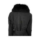 Black quilted jacket with black fur hood on a white background