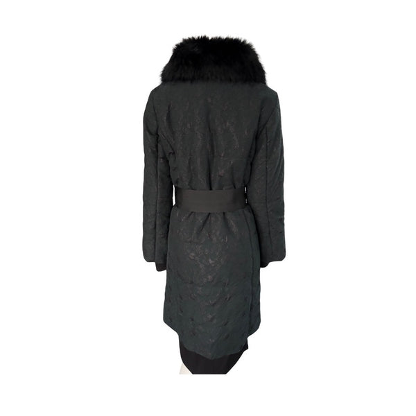 Black quilted coat with fur hood on a white background