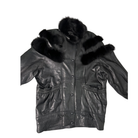 Black leather jacket with fur trim on a white background