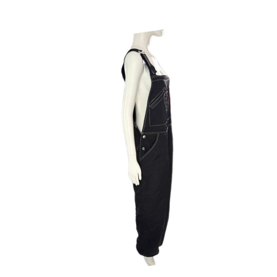Black overalls on a mannequin against a white background