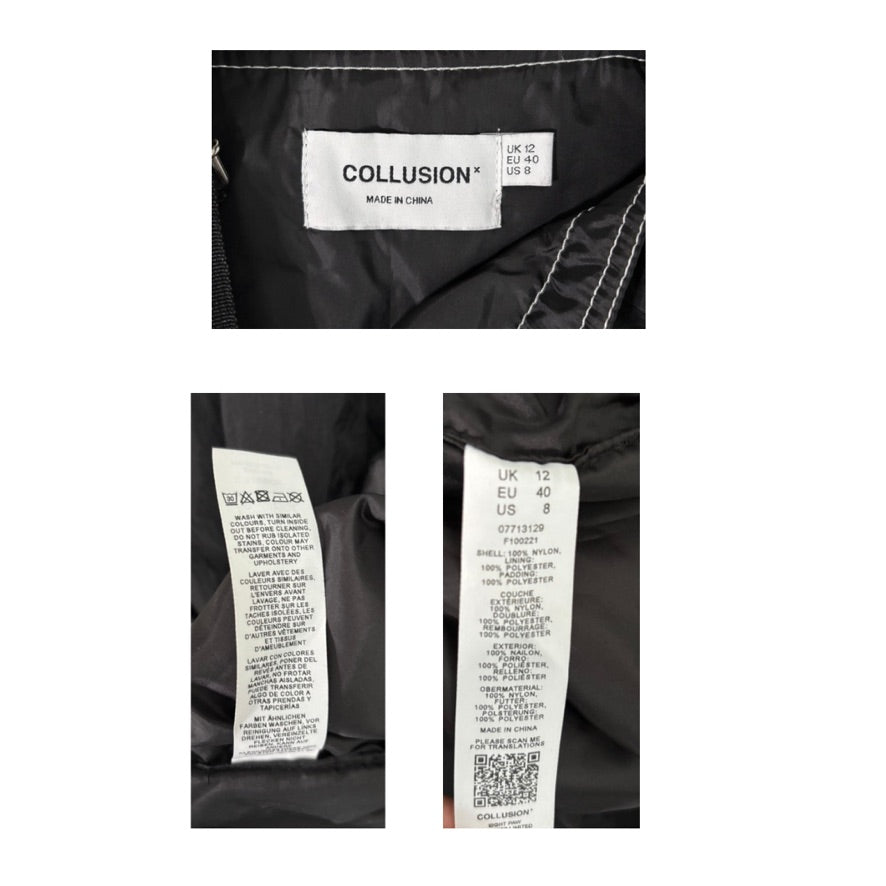 Collusion label on a black jacket with size and care instructions.
