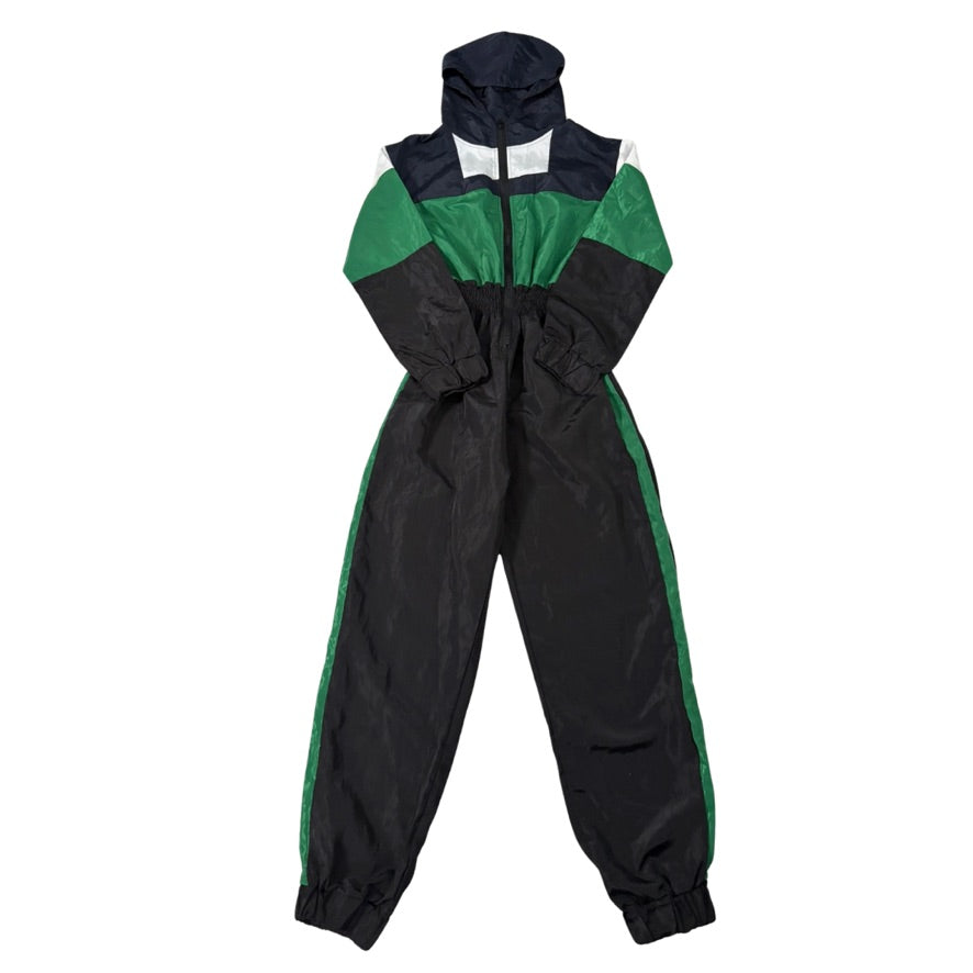 Black and green jumpsuit with a hood on a white background