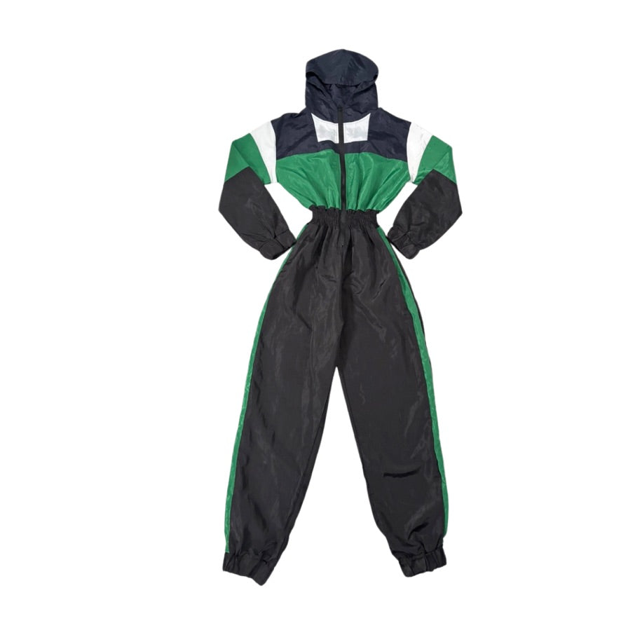Black and green rain suit on a white background