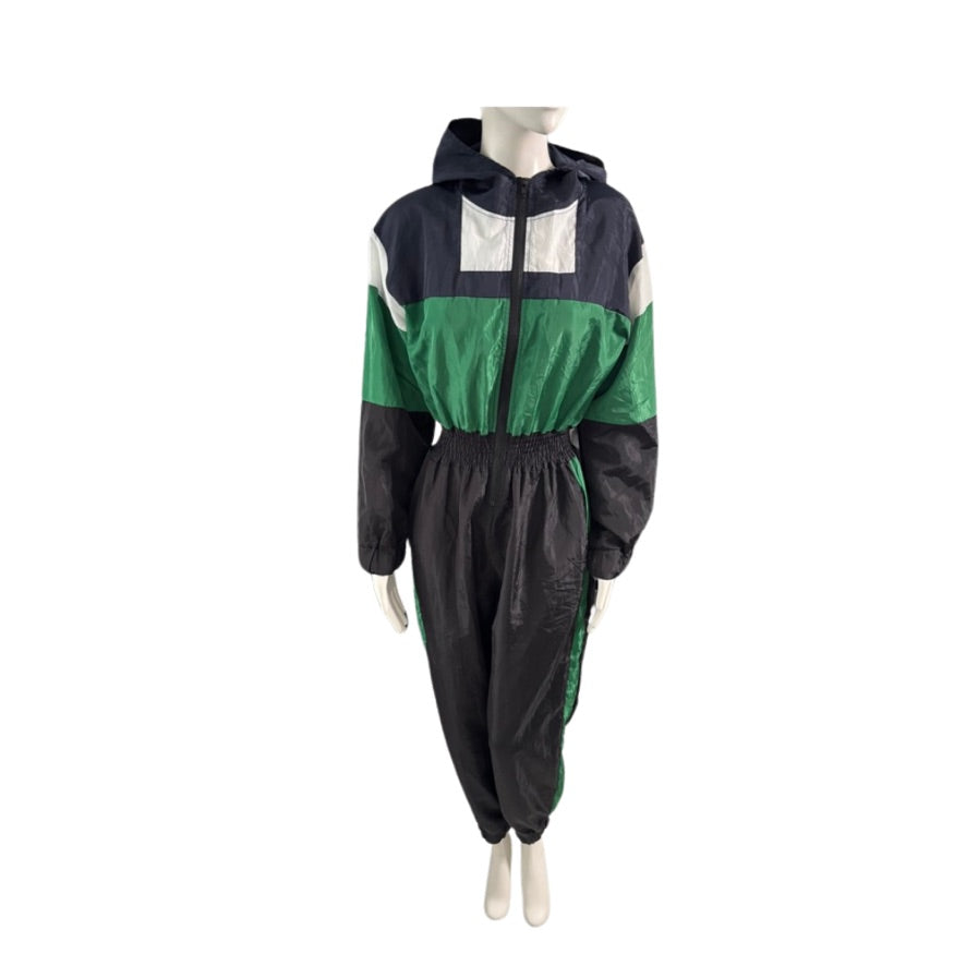 Color-blocked jumpsuit on a mannequin against a white background