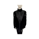 Black leather jacket on a mannequin against a white background