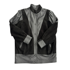 Black and gray jacket with button details on a white background