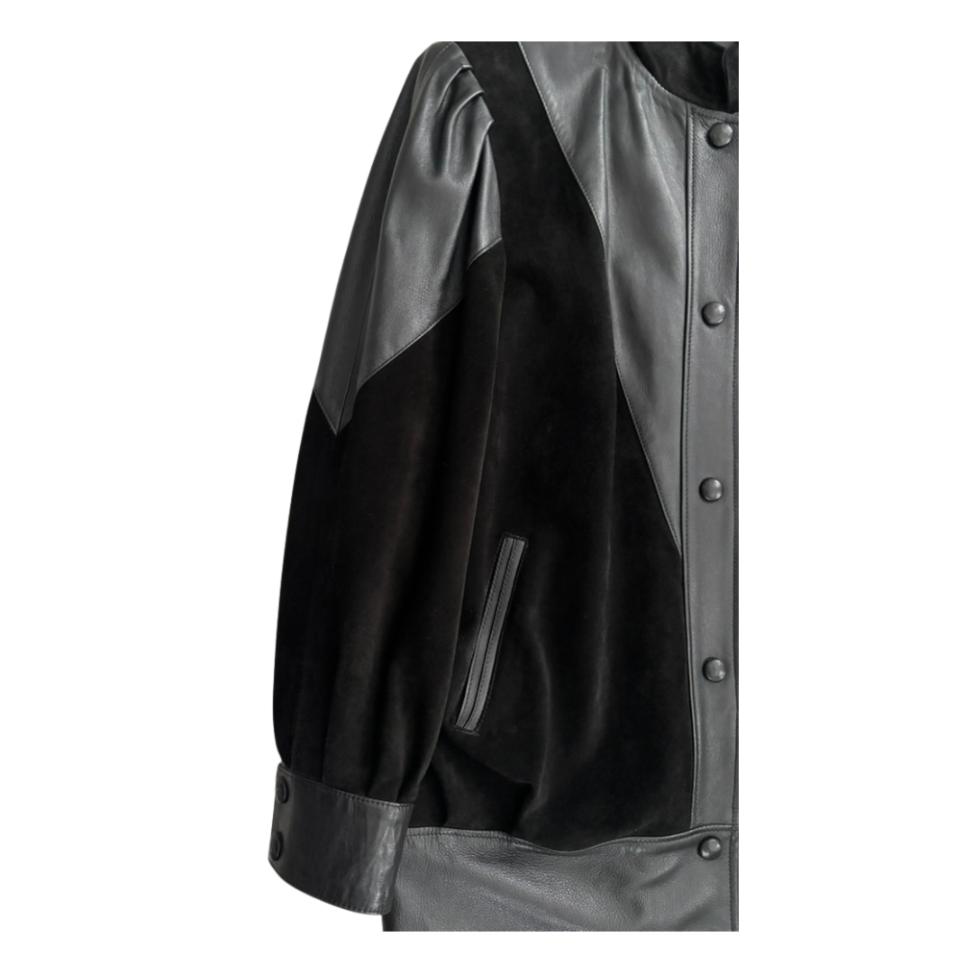 Close-up of a black and gray leather jacket with button details on a white background