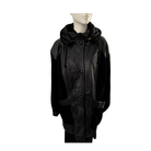 Black hooded jacket on a mannequin against a white background