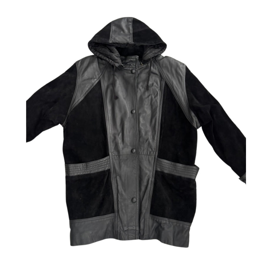 Black and gray raincoat with reflective stripes on a white background