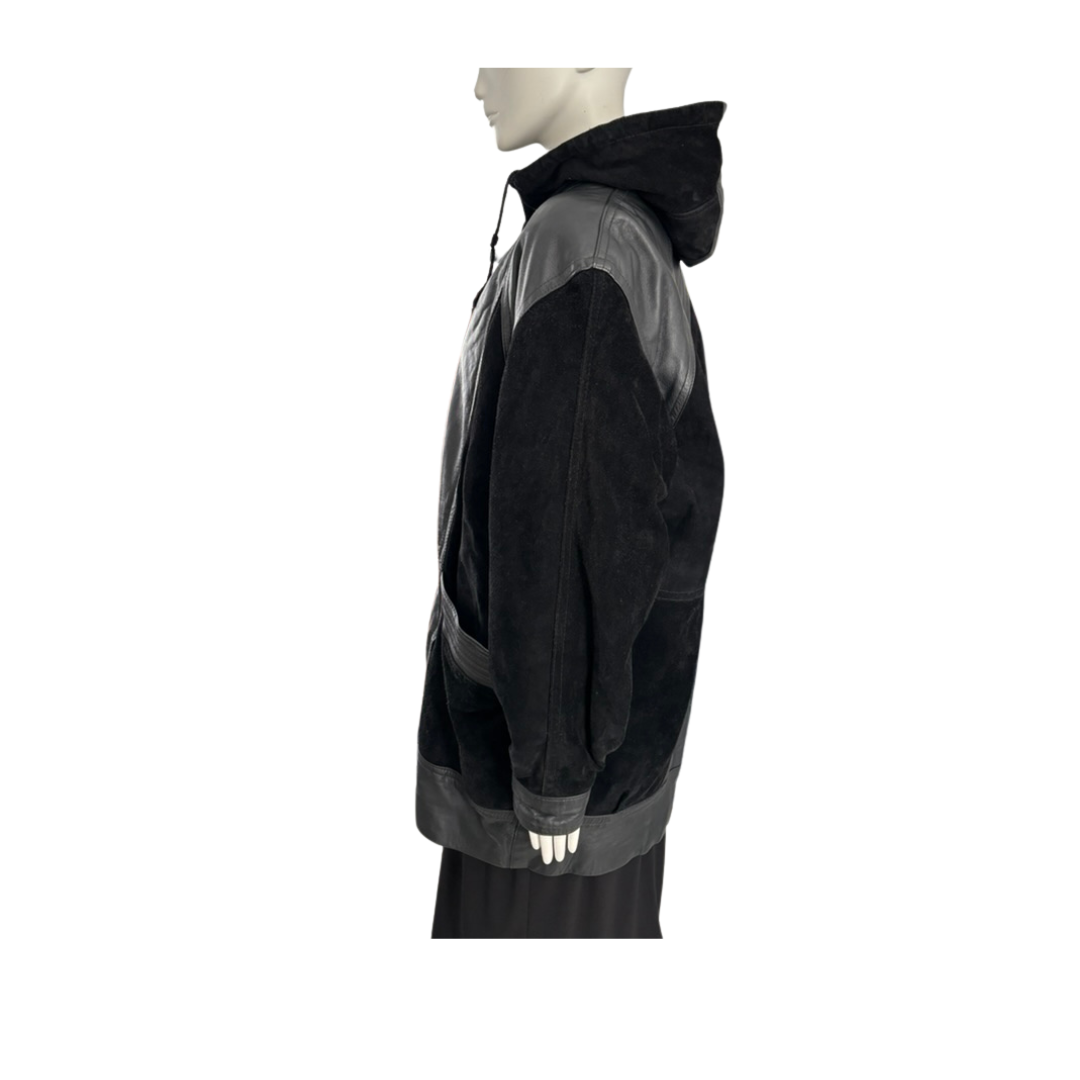 Black and gray jacket on a mannequin against a white background