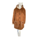 Brown coat with white lining on a mannequin against a white background
