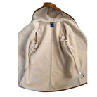 Beige fleece jacket with brown hood on a white background