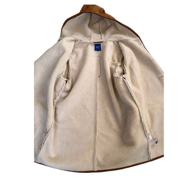 Beige fleece jacket with brown hood on a white background