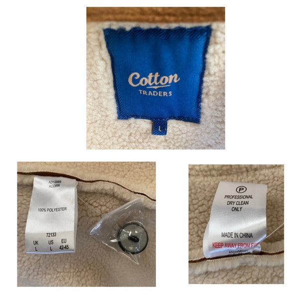 Collage of clothing labels with 'Cotton Traders' branding and text on fabric.