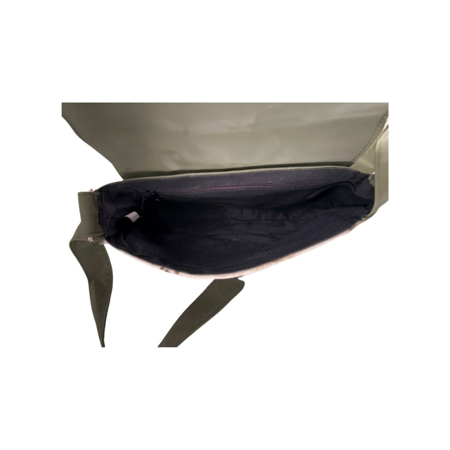 Green bag with open front pocket on a white background