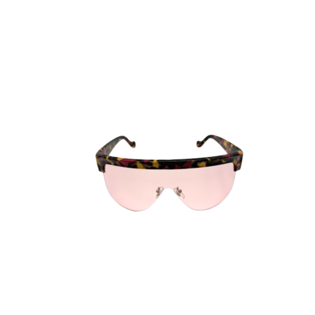 Sunglasses with a tortoiseshell frame and pink lenses on a white background