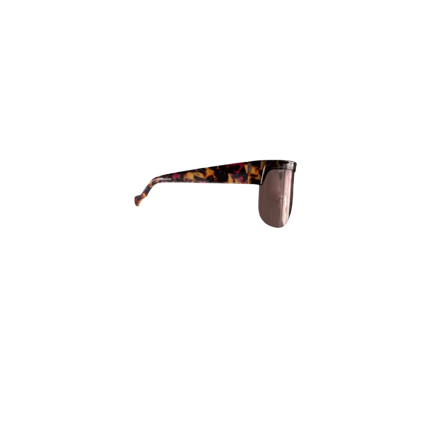 Sunglasses with tortoiseshell frame and reflective lenses on a white background