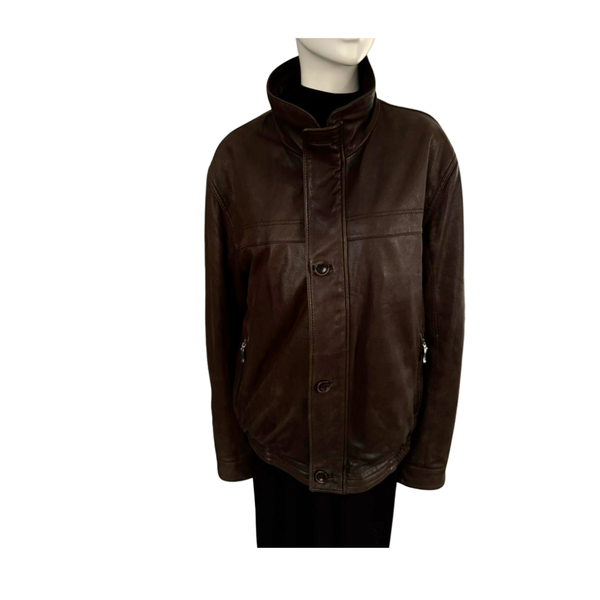 Funnel Neck Leather Bomber Jacket Brown Size XL - Vintage