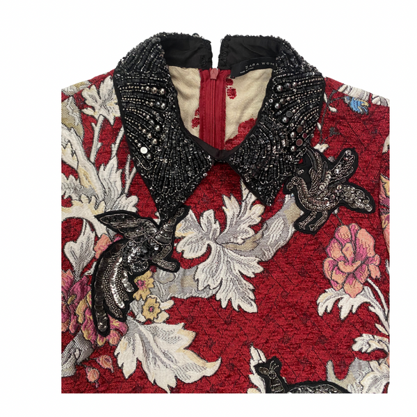 Zara Embellished Jacquard Mini Dress Red Size S – Preloved