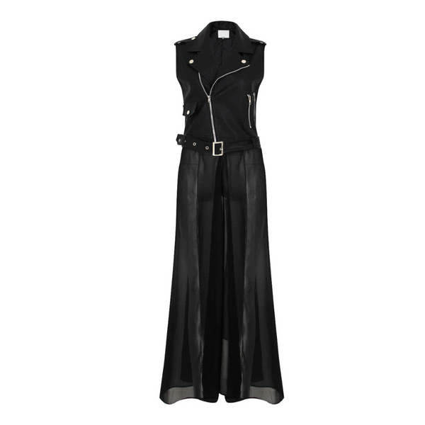 PU Biker Sheer Long Waistcoat Black SIZE S