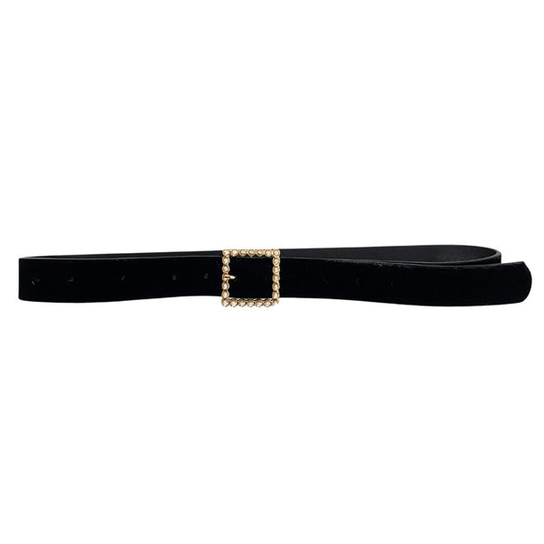 Pearl Buckle Velvet Belt Black