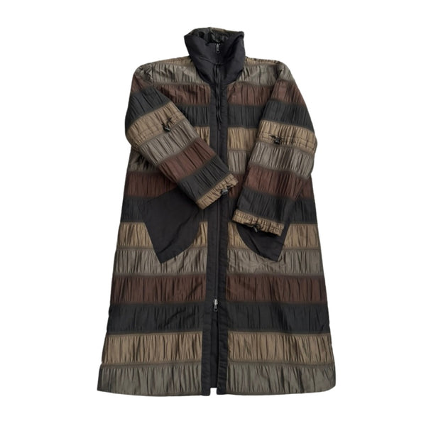 Stripe Ruched Metallic Long Coat Brown Size 14 - Vintage
