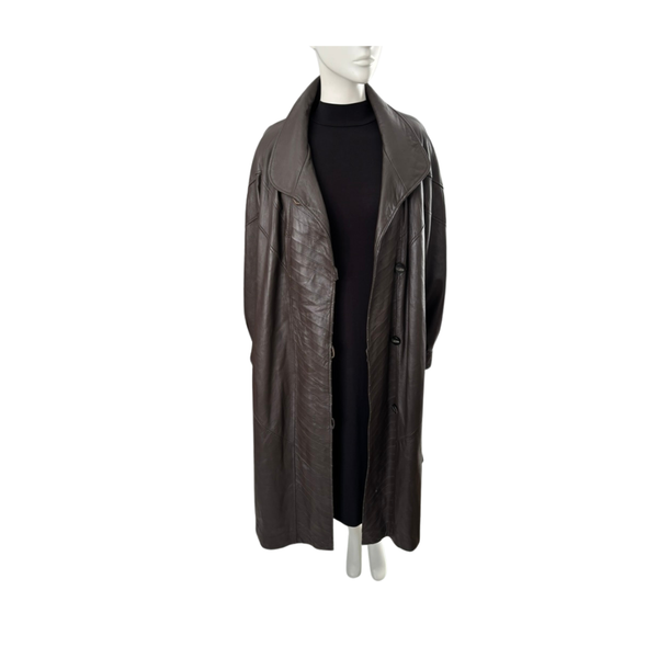 Leather Chevron Maxi Coat Brown Size 16 - Vintage