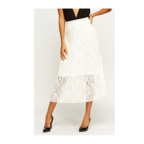 Lace Pleated Midi Skirt White