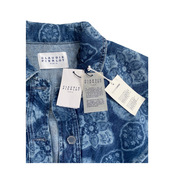 CLAUDIE PIERLOT Voyage Printed Denim Jacket Blue SIZE 14