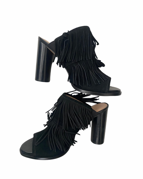 French Connection Suede Fringe Mules Black SIZE 40