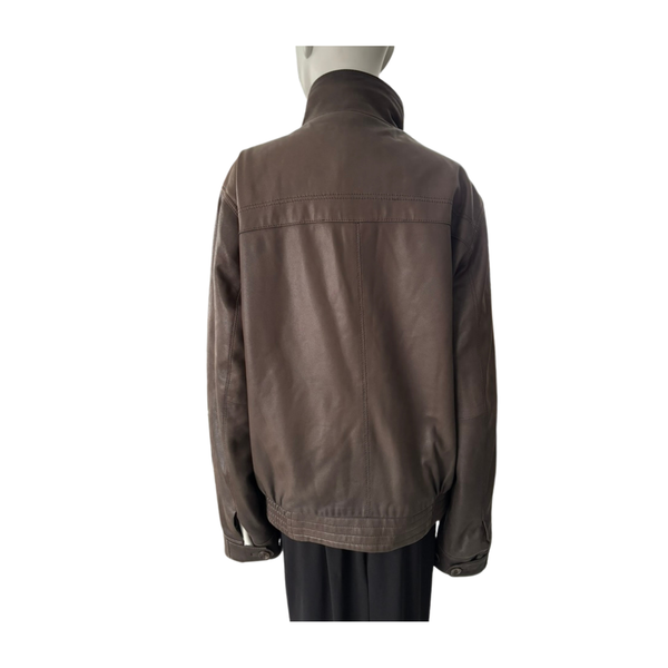 Funnel Neck Leather Bomber Jacket Brown Size XL - Vintage