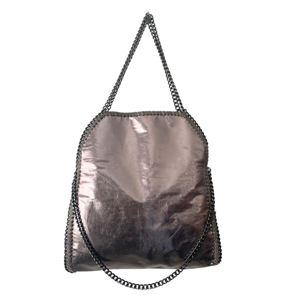 Fold-Over Chain Large Tote Shoulder Bag Metallic Grey