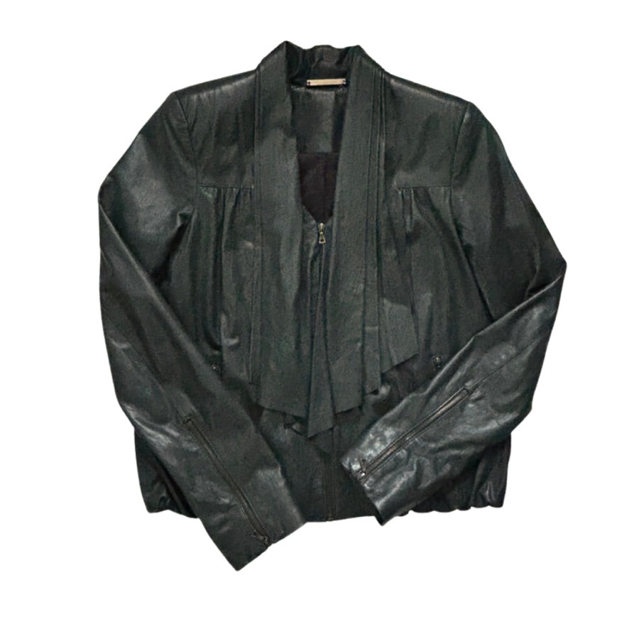 Green leather jacket on a white background