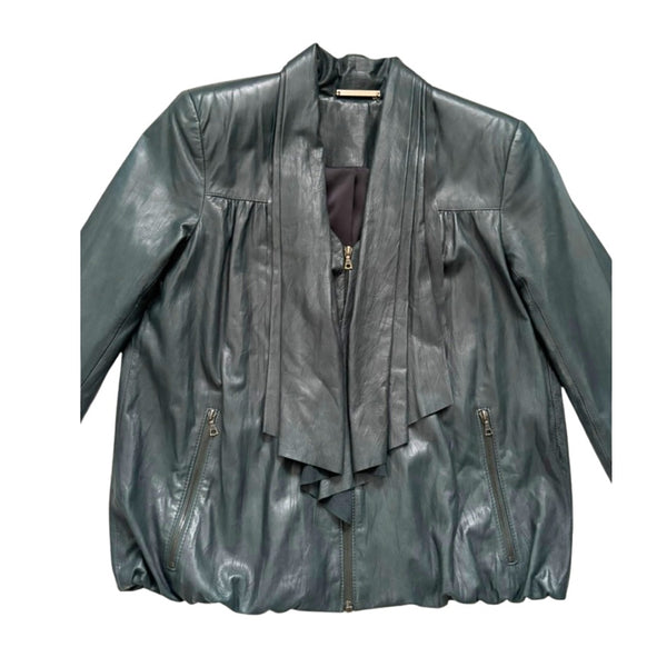 Green leather jacket with layered design on a white background