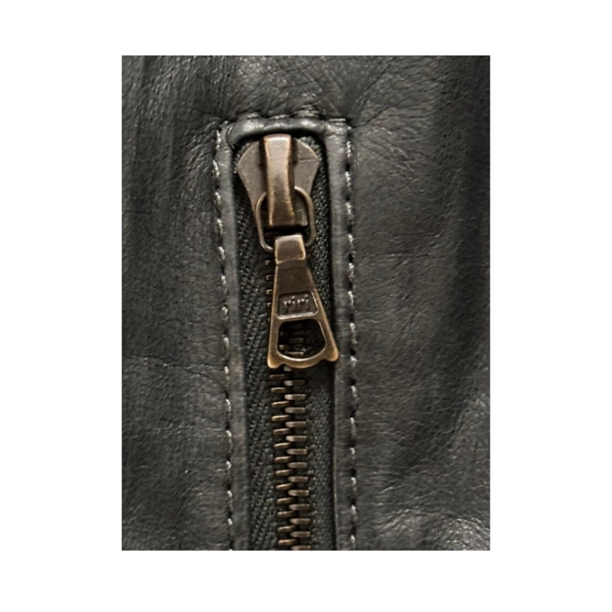 Close-up of a zipper on a black leather jacket