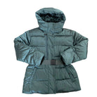 Green puffer jacket with a hood on a white background
