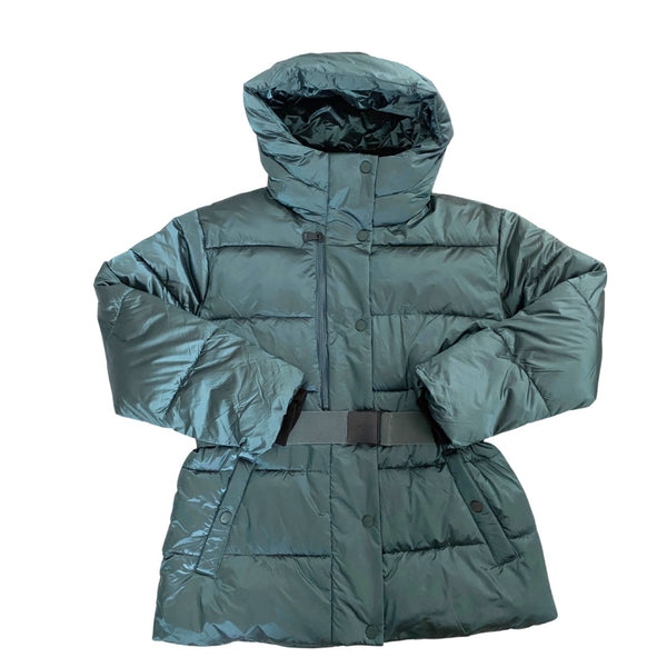 Green puffer jacket with a hood on a white background