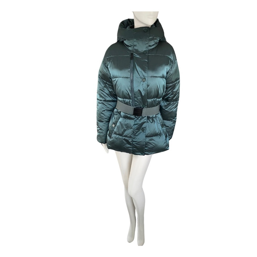 Green puffer jacket on a mannequin against a white background