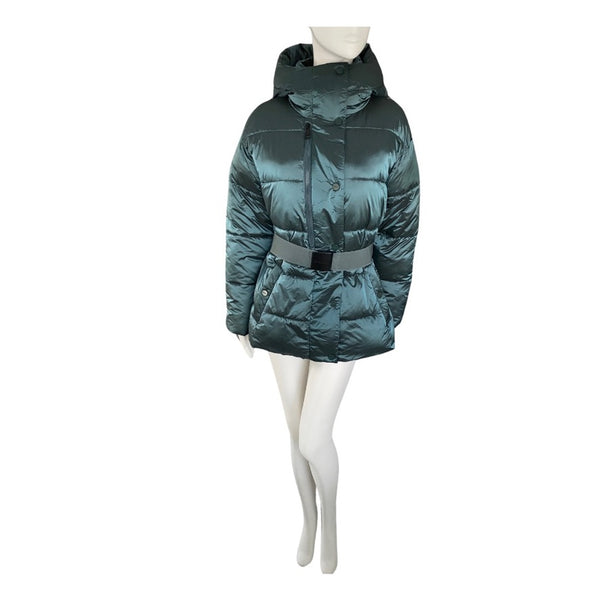 Green puffer jacket on a mannequin against a white background