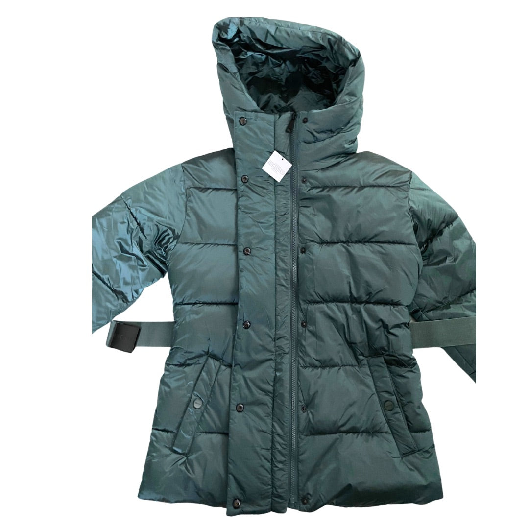 Green puffer jacket with a hood on a white background