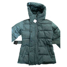 Green puffer jacket with a hood on a white background