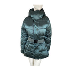 Green puffer jacket on a mannequin against a white background