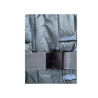 Gray puffer jacket with a belt and DKNY logo on a white background