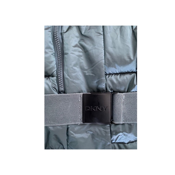 Gray puffer jacket with a belt and DKNY logo on a white background