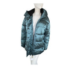 Teal puffer jacket on a mannequin against a white background