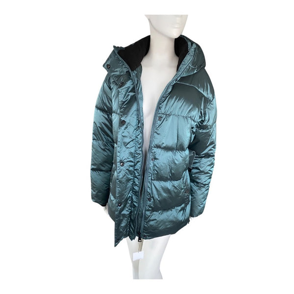 Teal puffer jacket on a mannequin against a white background